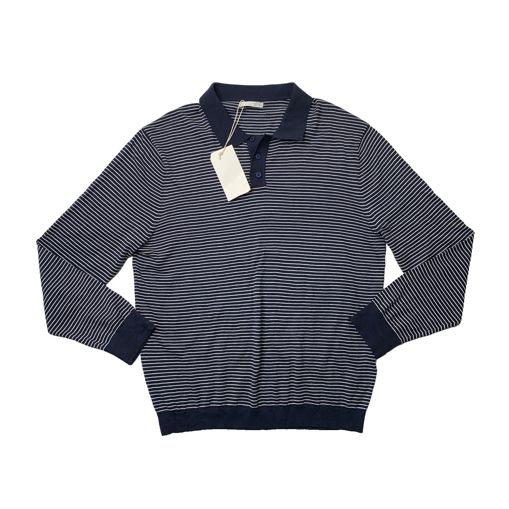 Zara Sweater Mens L Large Navy White Cotton Long Sleeve Striped Pullover Polo
